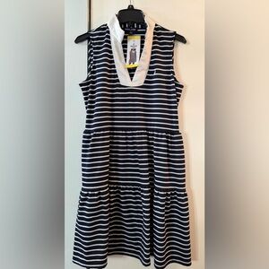 Nautica Navy & White Striped V‑Neck Tiered Sleeveless Dress with Pockets